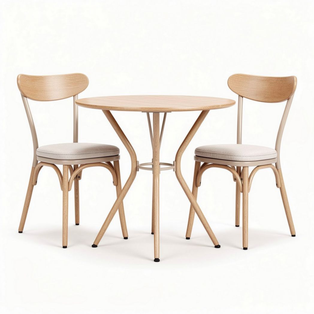 Round wooden dining table set with two chairs in natural finish 90 x 90 x 75cm