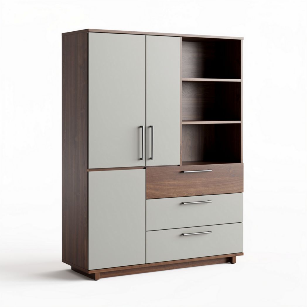 Modern wood storage cabinet with adjustable shelves and drawers 120 x 40 x 180cm