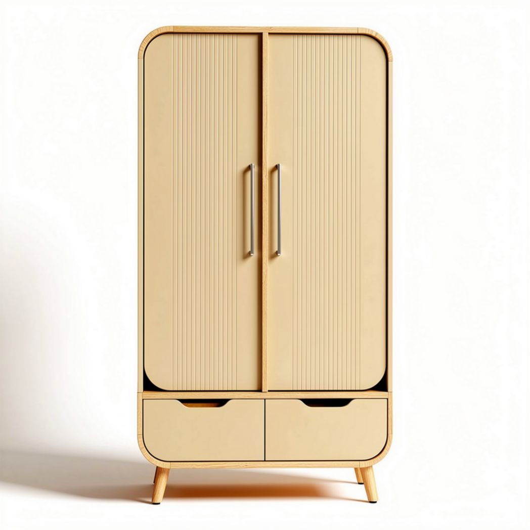Wooden wardrobe with ribbed design two doors and two drawers in beige 80 x 40 x 150cm