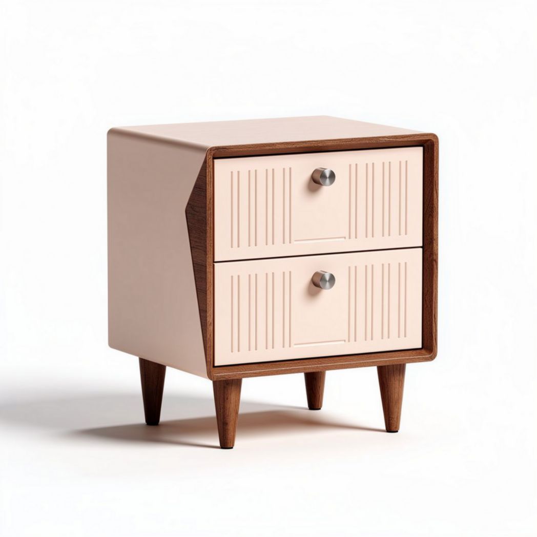 Mid-century modern nightstand with two drawers in beige and walnut finish 40 x 40 x 50cm