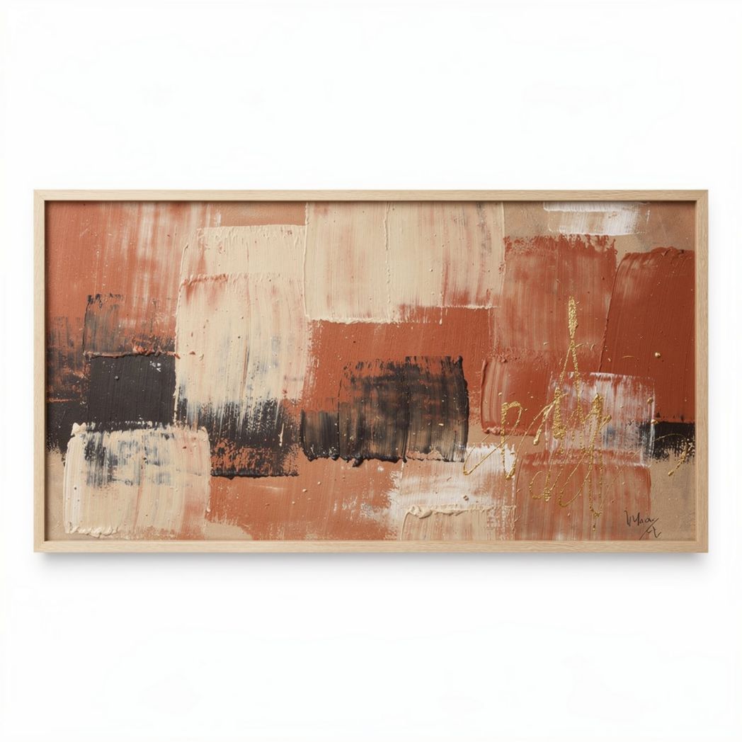 Abstract wall art painting in earthy tones with wooden frame 90 x 45 x 5cm