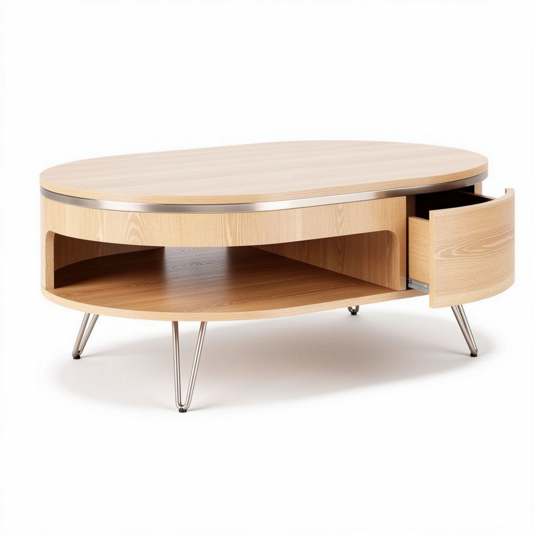 Wooden coffee table with storage drawer and metal legs oval shape 120 x 60 x 40cm