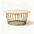 Round coffee table with wooden top and metal base in gold finish