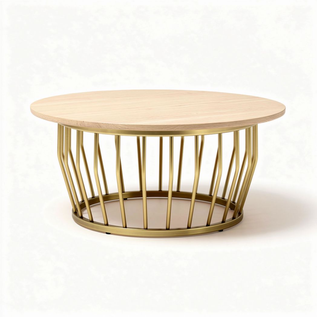 Round coffee table with wooden top and metal base in gold finish