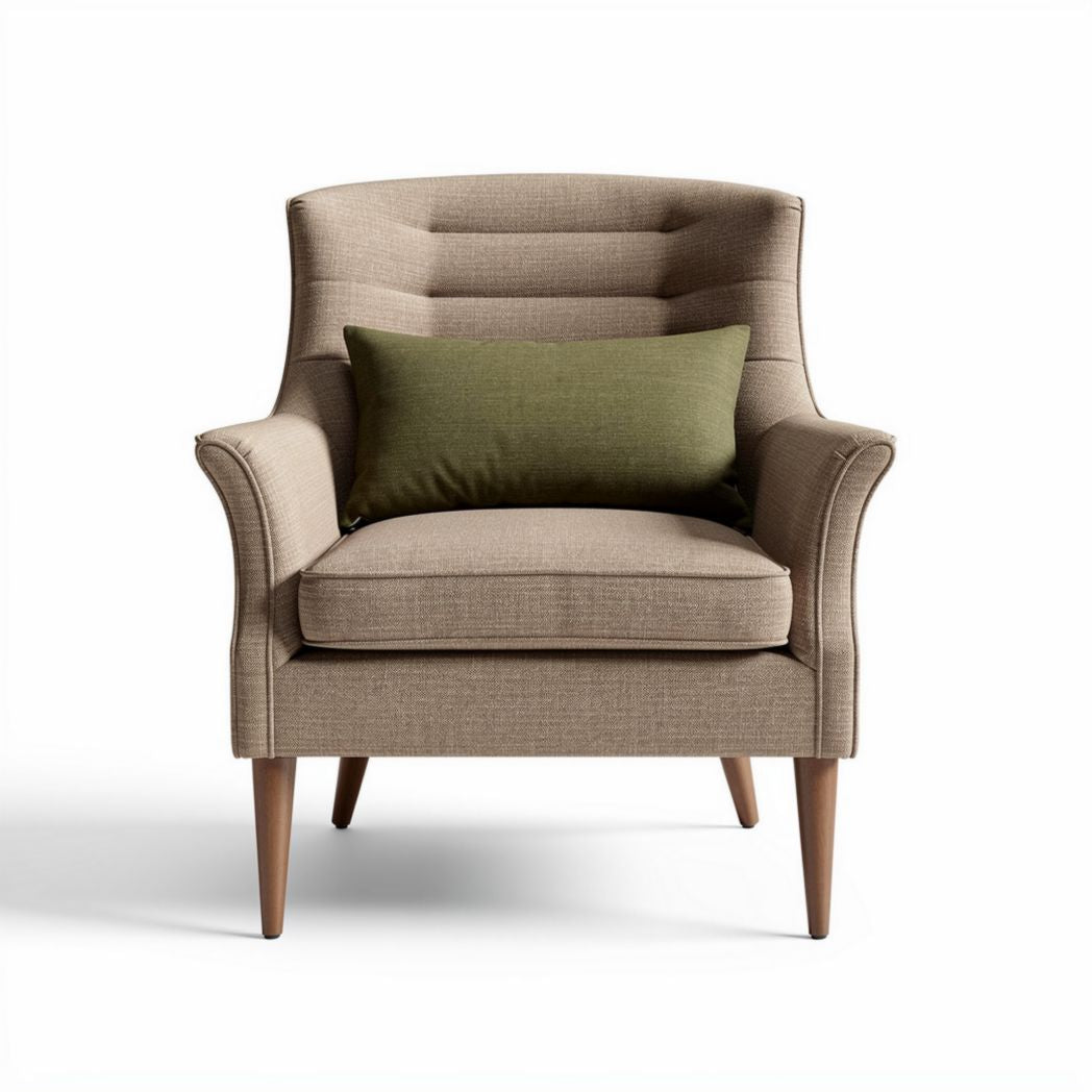 Fabric armchair with green accent pillow in beige color 70 x 80 x 90cm