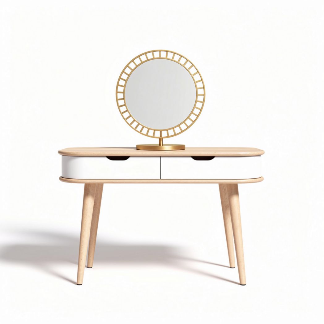 Wooden vanity table with round mirror and double drawers 120 x 60 x 75cm