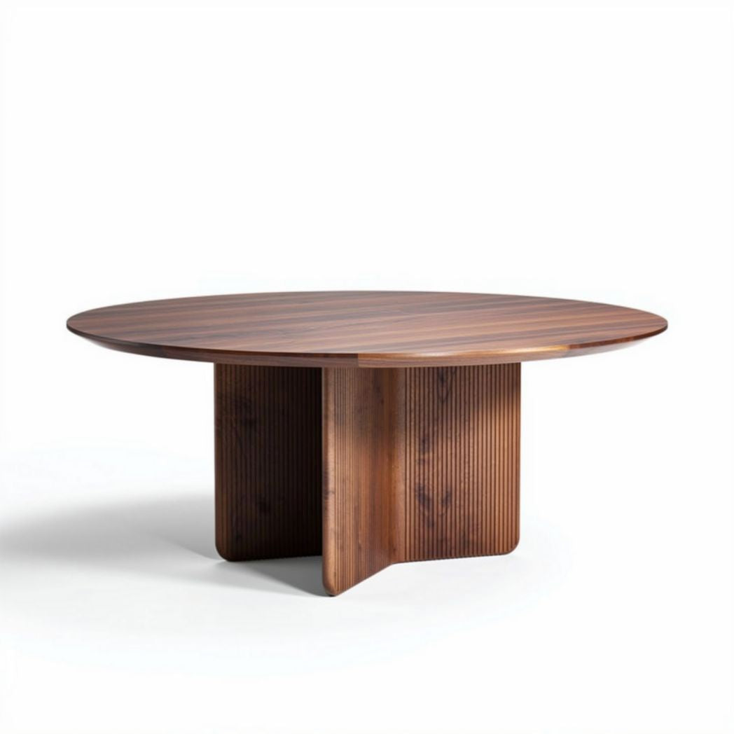 Round wooden dining table with ribbed base in walnut finish 150 x 150 x 75cm